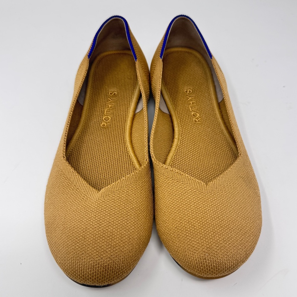 Rothy's Knit Flats in Mustard with Blue Heel Trim - Picture 3 of 11